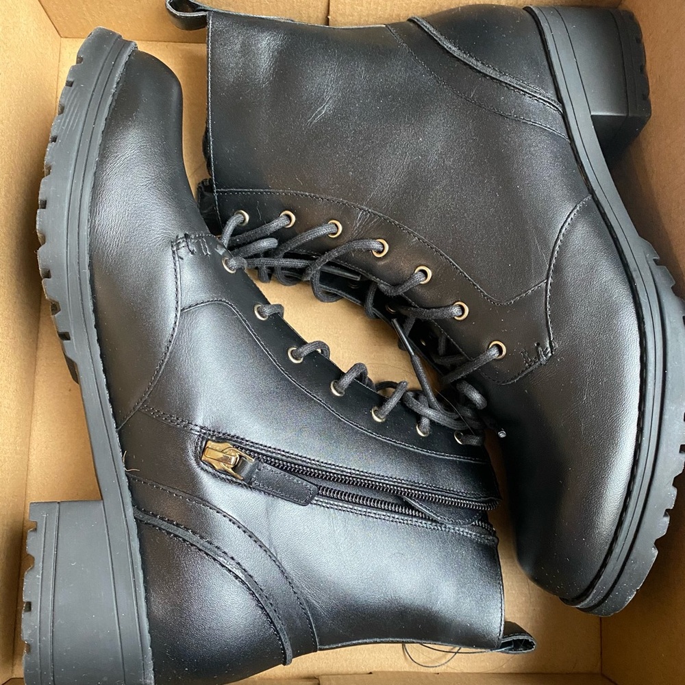 Cole Haan Black Cameo Combat Style Ankle Booties with Rugged Sole
